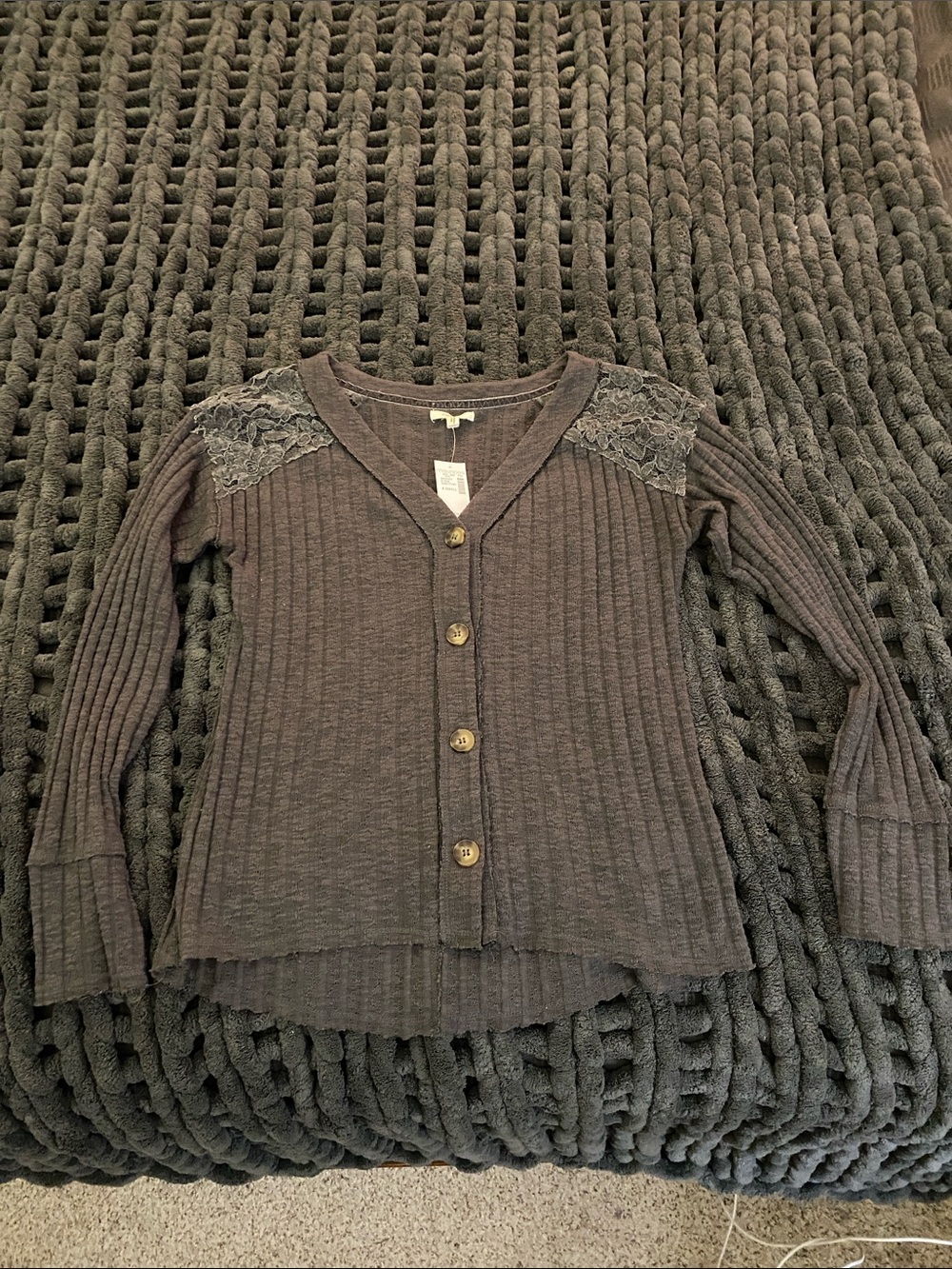 Maurices Dark Gray Ribbed Button-Down Top with Lace Shoulders